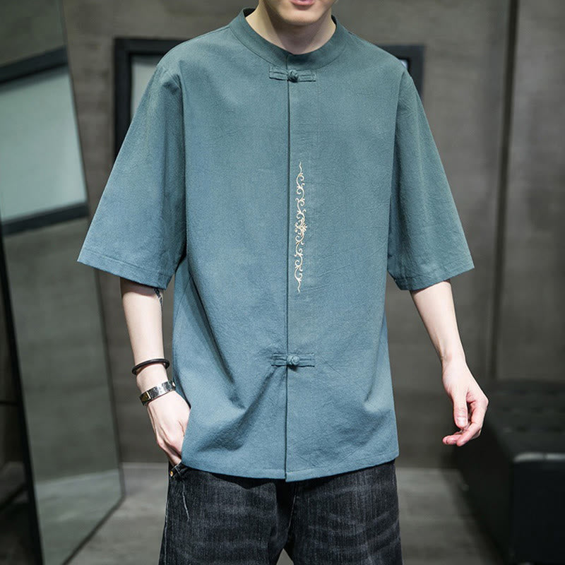 Buddha Stones Camisa informal de lino y algodón con bordado de botones de rana para hombre, color liso - Azul cadete - US/UK/AU46, EU56 (5XL) - image 0