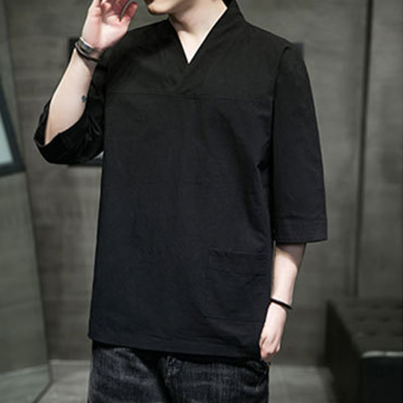 Camiseta de verano informal con cuello en V y manga tres cuartos de algodón y lino para hombre con diseño sencillo de Buddha Stones y bolsillo delantero - image 17