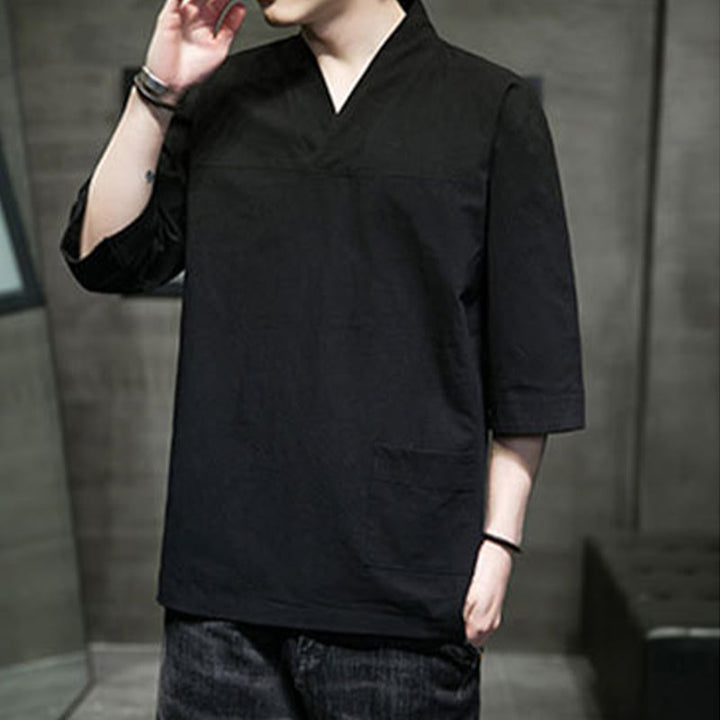 Camiseta de verano informal con cuello en V y manga tres cuartos de algodón y lino para hombre con diseño sencillo de Buddha Stones y bolsillo delantero - image 17