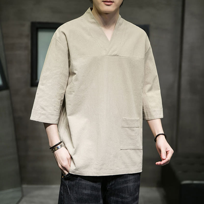 Camiseta de verano informal con cuello en V y manga tres cuartos de algodón y lino para hombre con diseño sencillo de Buddha Stones y bolsillo delantero - Vara de oro pálida - US/UK/AU46, EU56 (5XL) - image 0