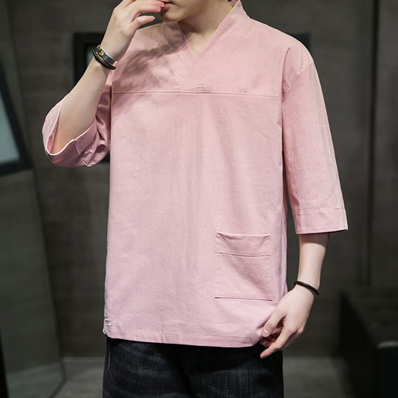 Camiseta de verano informal con cuello en V y manga tres cuartos de algodón y lino para hombre con diseño sencillo de Buddha Stones y bolsillo delantero - image 12