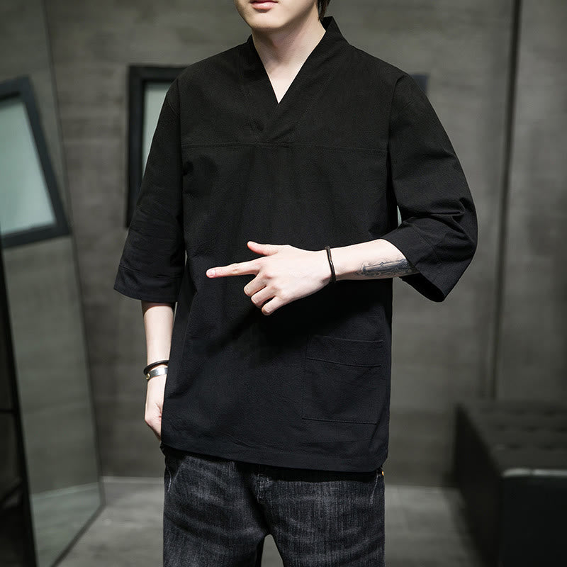 Camiseta de verano informal con cuello en V y manga tres cuartos de algodón y lino para hombre con diseño sencillo de Buddha Stones y bolsillo delantero - image 18