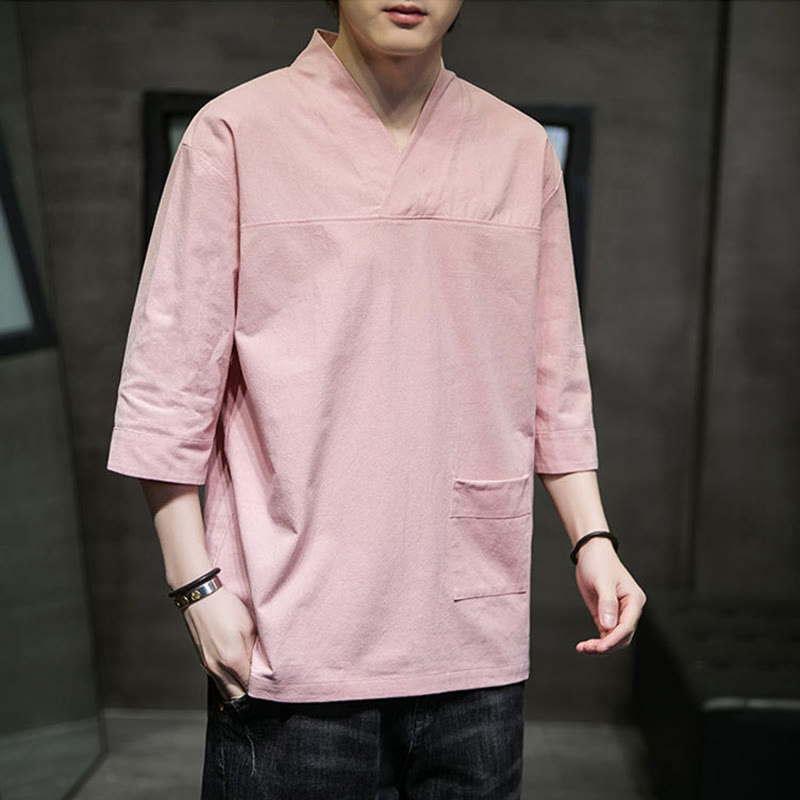 Camiseta de verano informal con cuello en V y manga tres cuartos de algodón y lino para hombre con diseño sencillo de Buddha Stones y bolsillo delantero - image 11