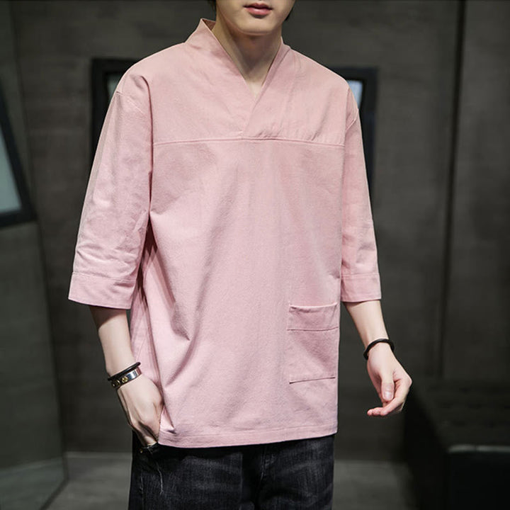 Camiseta de verano informal con cuello en V y manga tres cuartos de algodón y lino para hombre con diseño sencillo de Buddha Stones y bolsillo delantero - image 11