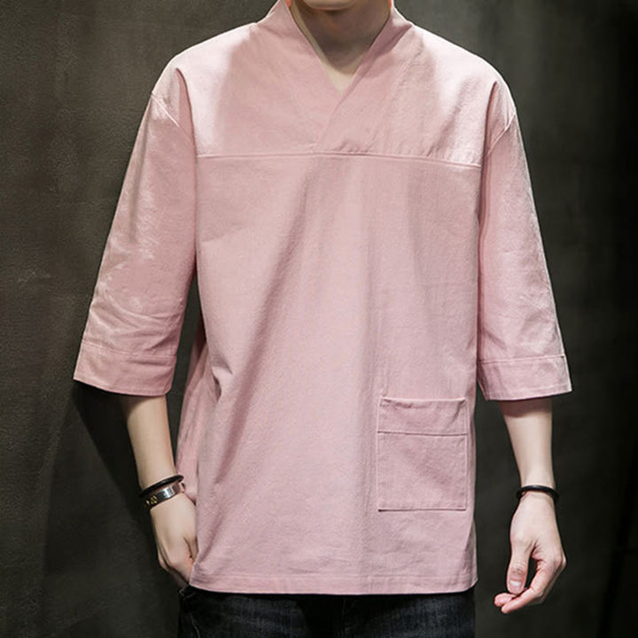 Camiseta de verano informal con cuello en V y manga tres cuartos de algodón y lino para hombre con diseño sencillo de Buddha Stones y bolsillo delantero - image 15