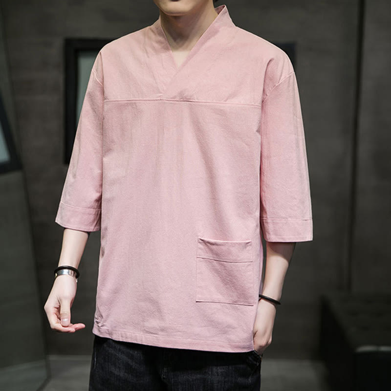 Camiseta de verano informal con cuello en V y manga tres cuartos de algodón y lino para hombre con diseño sencillo de Buddha Stones y bolsillo delantero - image 10