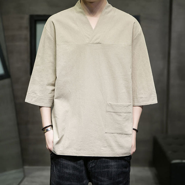 Camiseta de verano informal con cuello en V y manga tres cuartos de algodón y lino para hombre con diseño sencillo de Buddha Stones y bolsillo delantero - image 1