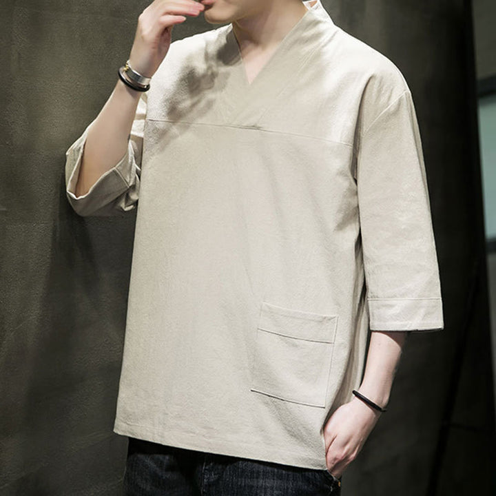 Camiseta de verano informal con cuello en V y manga tres cuartos de algodón y lino para hombre con diseño sencillo de Buddha Stones y bolsillo delantero - image 5