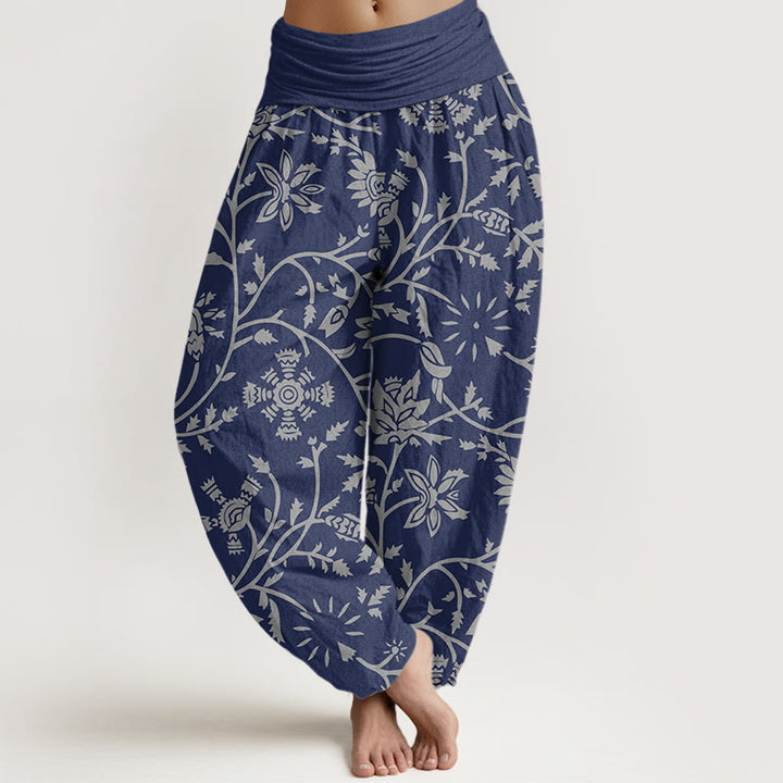 Pantalones harén de cintura elástica para mujer con diseño de ramas florales y vides que fluyen, con Buddha Stones - Marina de guerra - US22，UK/AU26，EU54 (6XL) - image 1