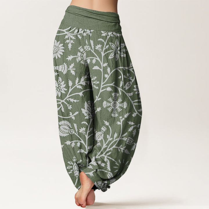 Pantalones harén de cintura elástica para mujer con diseño de ramas florales y vides que fluyen, con Buddha Stones - image 7