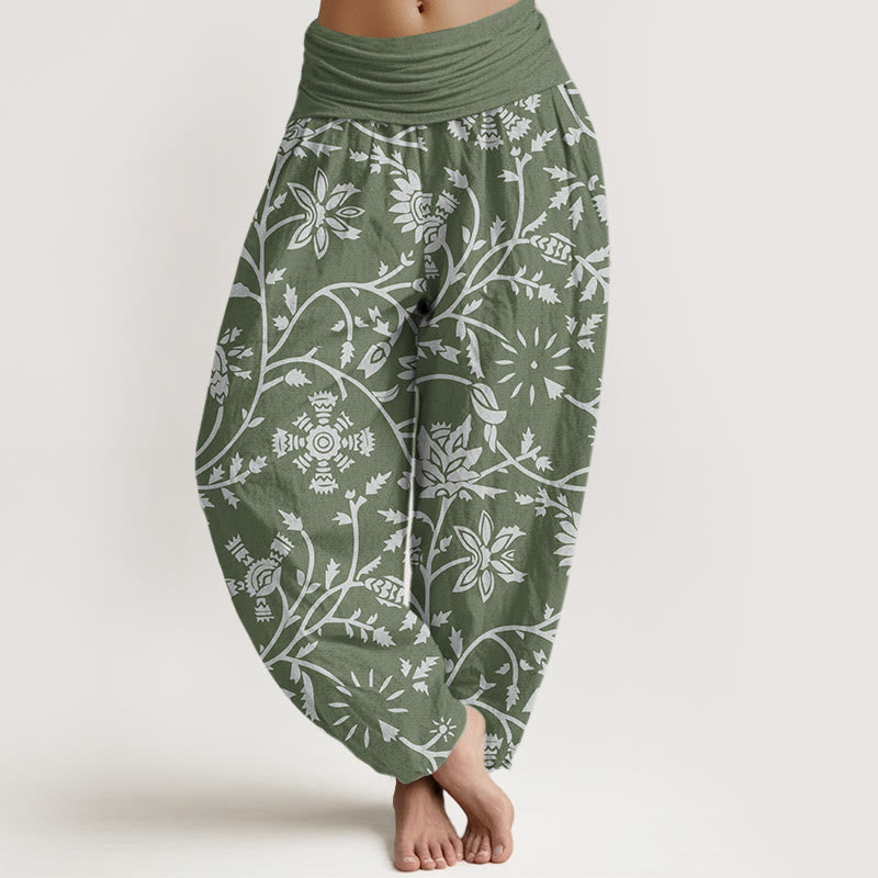Pantalones harén de cintura elástica para mujer con diseño de ramas florales y vides que fluyen, con Buddha Stones - Verde mar oscuro - US22，UK/AU26，EU54 (6XL) - image 5