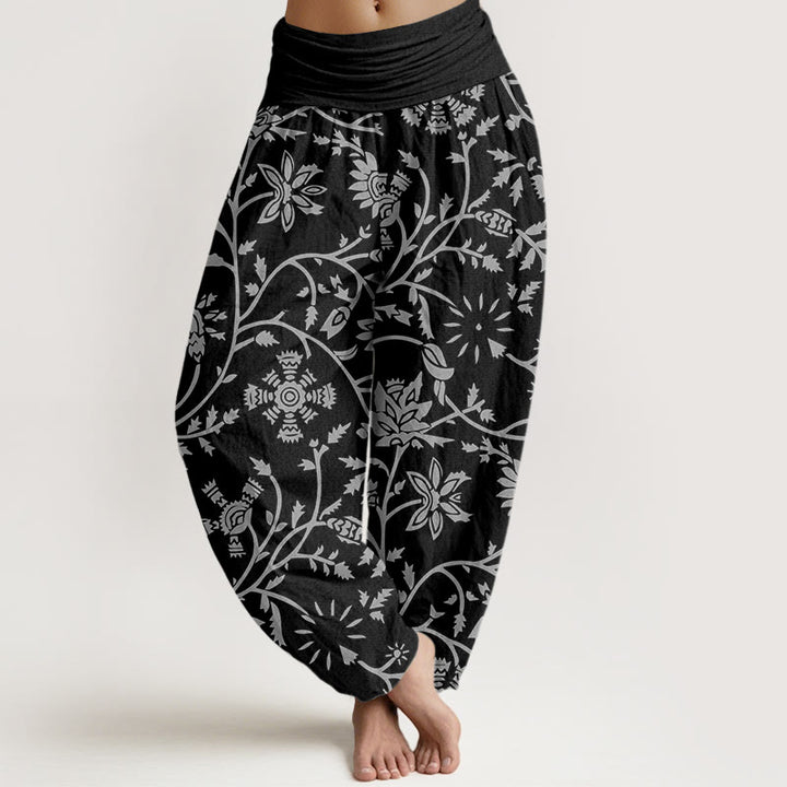 Pantalones harén de cintura elástica para mujer con diseño de ramas florales y vides que fluyen, con Buddha Stones - Negro - US22，UK/AU26，EU54 (6XL) - image 8