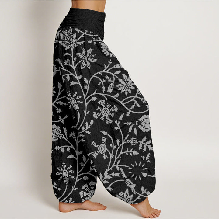 Pantalones harén de cintura elástica para mujer con diseño de ramas florales y vides que fluyen, con Buddha Stones - image 9