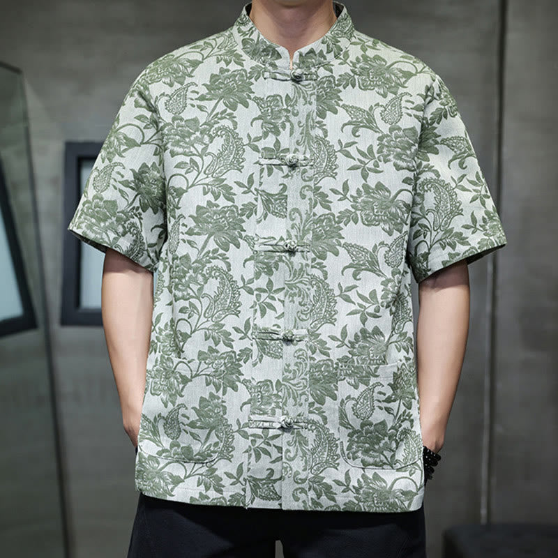 Camisa de algodón para hombre con bolsillos, diseño casual de jacquard paisley con estampado de flores y plantas, y botones de Buddha Stones . - image 30