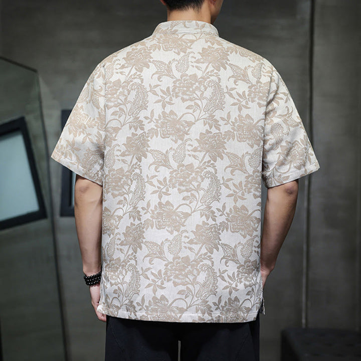 Camisa de algodón para hombre, estilo cárdigan informal con estampado de flores y plantas de cachemira y jacquard con botones de rana y bolsillos. - image 10