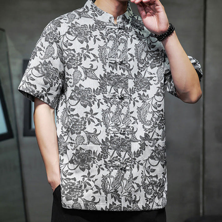 Camisa de algodón para hombre con bolsillos, diseño casual de jacquard paisley con estampado de flores y plantas, y botones de Buddha Stones . - image 25