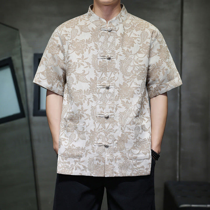 Camisa de algodón para hombre con bolsillos, diseño casual de jacquard paisley con estampado de flores y plantas, y botones de Buddha Stones . - Broncearse - US/UK/AU44, EU54 (4XL) - image 9