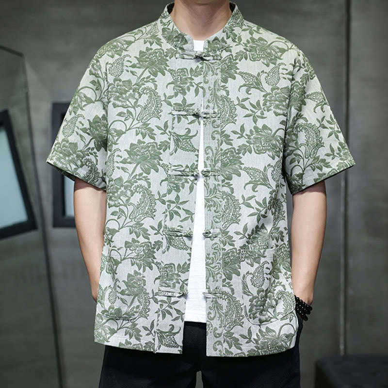 Camisa de algodón para hombre, estilo cárdigan informal con estampado de flores y plantas de cachemira y jacquard con botones de rana y bolsillos. - image 33