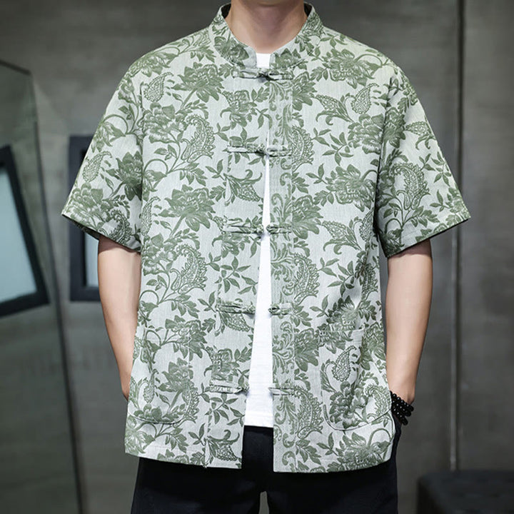 Camisa de algodón para hombre, estilo cárdigan informal con estampado de flores y plantas de cachemira y jacquard con botones de rana y bolsillos. - image 33
