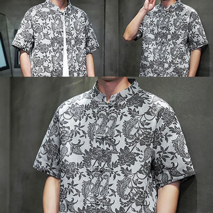 Camisa de algodón para hombre con bolsillos, diseño casual de jacquard paisley con estampado de flores y plantas, y botones de Buddha Stones . - image 28