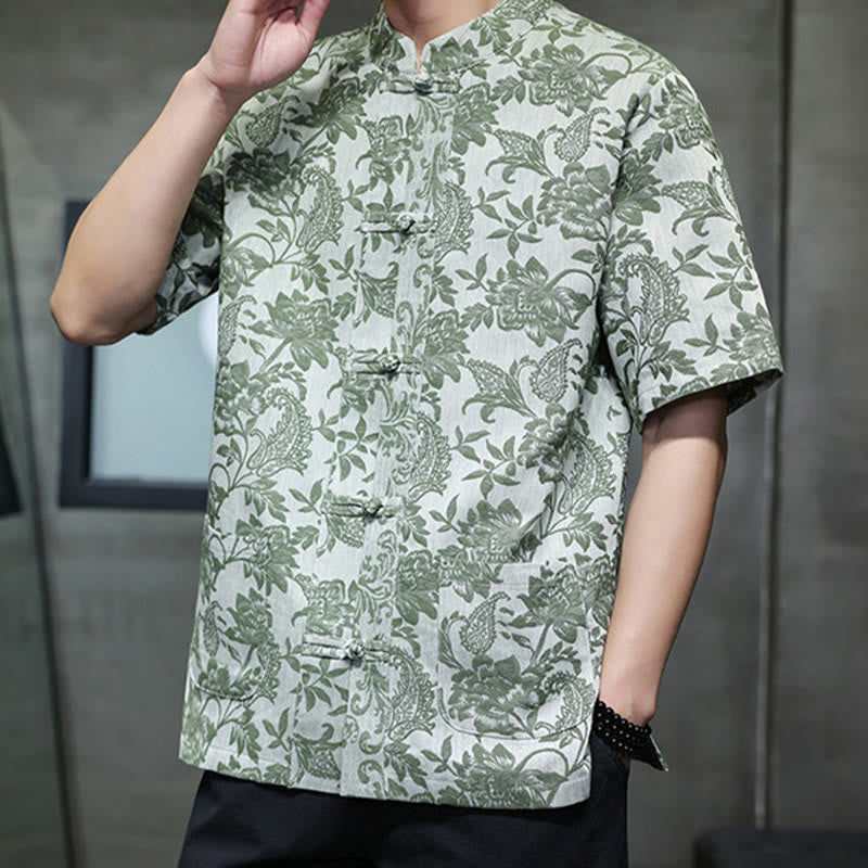 Camisa de algodón para hombre, estilo cárdigan informal con estampado de flores y plantas de cachemira y jacquard con botones de rana y bolsillos. - image 32