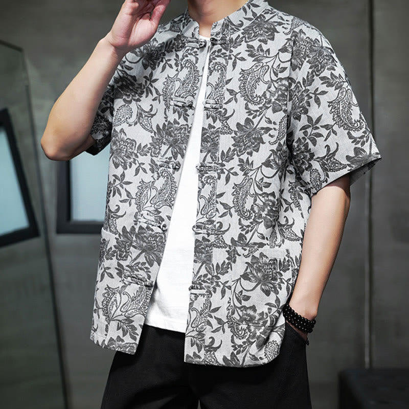 Camisa de algodón para hombre con bolsillos, diseño casual de jacquard paisley con estampado de flores y plantas, y botones de Buddha Stones . - image 26