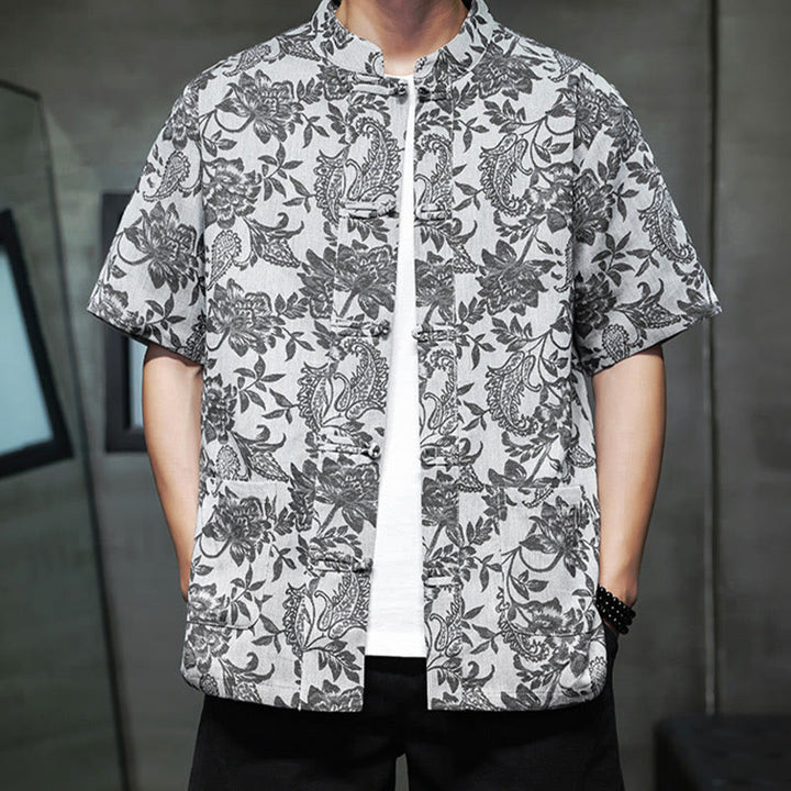 Camisa de algodón para hombre con bolsillos, diseño casual de jacquard paisley con estampado de flores y plantas, y botones de Buddha Stones . - image 27