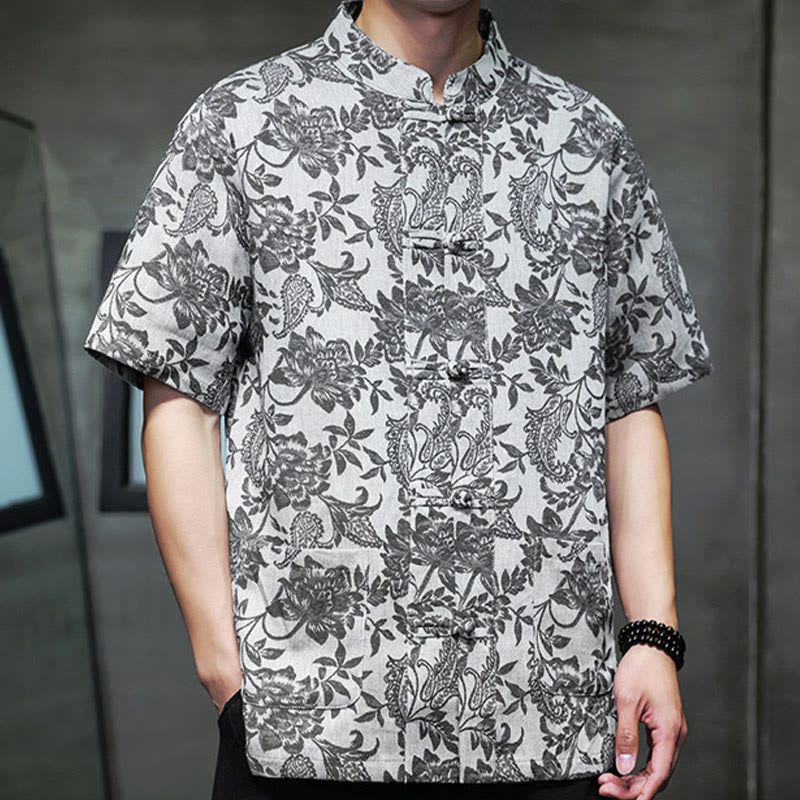 Camisa de algodón para hombre con bolsillos, diseño casual de jacquard paisley con estampado de flores y plantas, y botones de Buddha Stones . - image 24