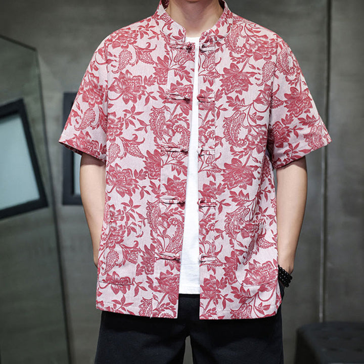 Camisa de algodón para hombre, estilo cárdigan informal con estampado de flores y plantas de cachemira y jacquard con botones de rana y bolsillos. - image 4