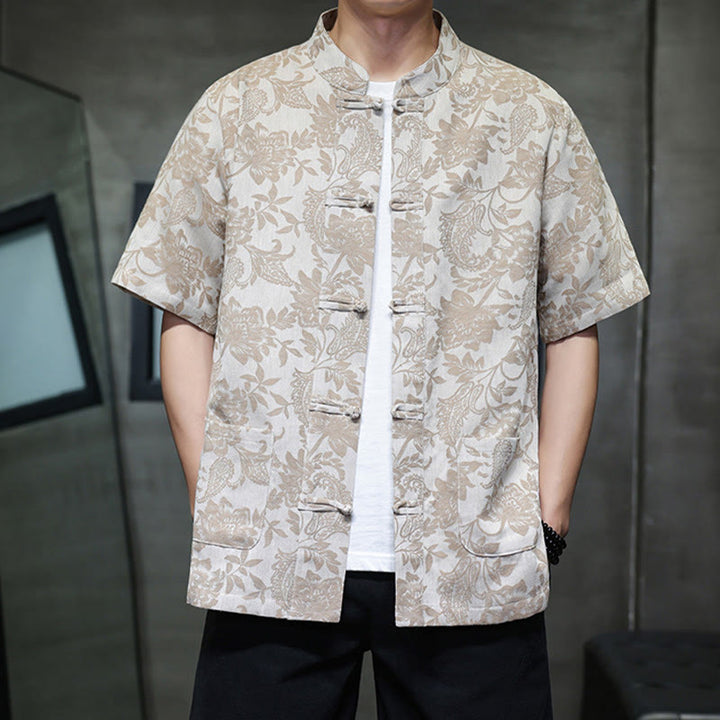Camisa de algodón para hombre con bolsillos, diseño casual de jacquard paisley con estampado de flores y plantas, y botones de Buddha Stones . - image 13