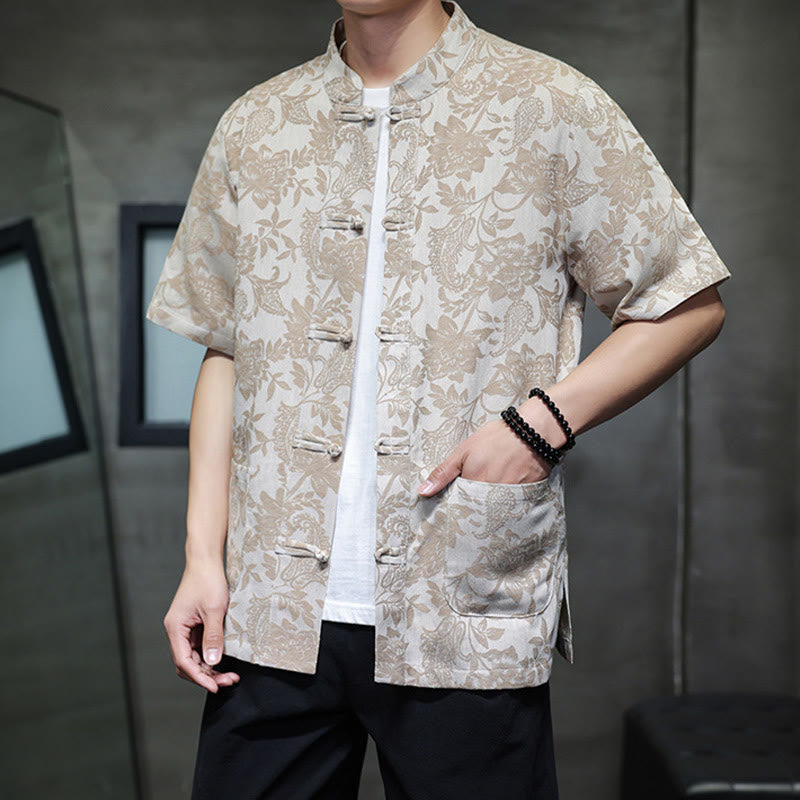 Camisa de algodón para hombre con bolsillos, diseño casual de jacquard paisley con estampado de flores y plantas, y botones de Buddha Stones . - image 12