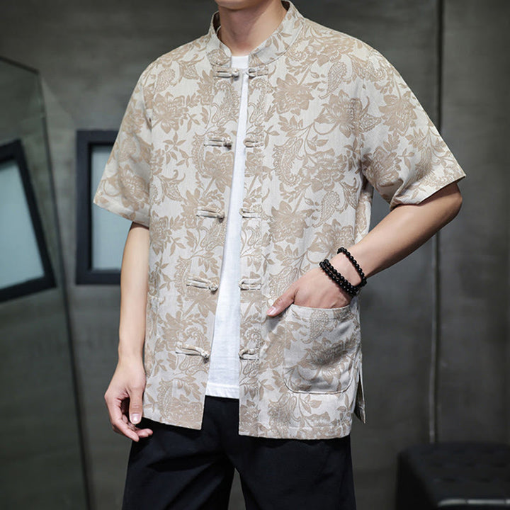 Camisa de algodón para hombre con bolsillos, diseño casual de jacquard paisley con estampado de flores y plantas, y botones de Buddha Stones . - image 12