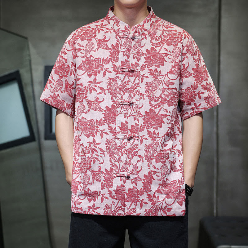Camisa de algodón para hombre con bolsillos, diseño casual de jacquard paisley con estampado de flores y plantas, y botones de Buddha Stones . - Rojo violeta pálido - US/UK/AU44, EU54 (4XL) - image 0