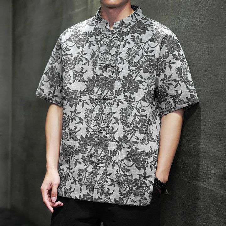 Camisa de algodón para hombre, estilo cárdigan informal con estampado de flores y plantas de cachemira y jacquard con botones de rana y bolsillos. - Gris tenue - US/UK/AU44, EU54 (4XL) - image 21