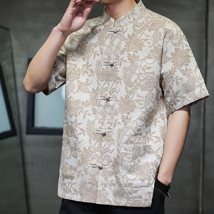 Camisa de algodón para hombre con bolsillos, diseño casual de jacquard paisley con estampado de flores y plantas, y botones de Buddha Stones . - image 14