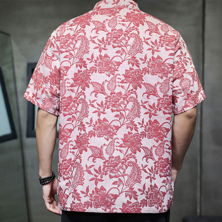 Camisa de algodón para hombre, estilo cárdigan informal con estampado de flores y plantas de cachemira y jacquard con botones de rana y bolsillos. - image 6