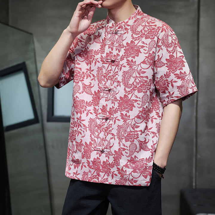 Camisa de algodón para hombre, estilo cárdigan informal con estampado de flores y plantas de cachemira y jacquard con botones de rana y bolsillos. - image 3