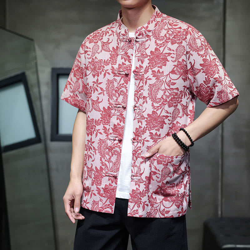 Camisa de algodón para hombre, estilo cárdigan informal con estampado de flores y plantas de cachemira y jacquard con botones de rana y bolsillos. - image 5