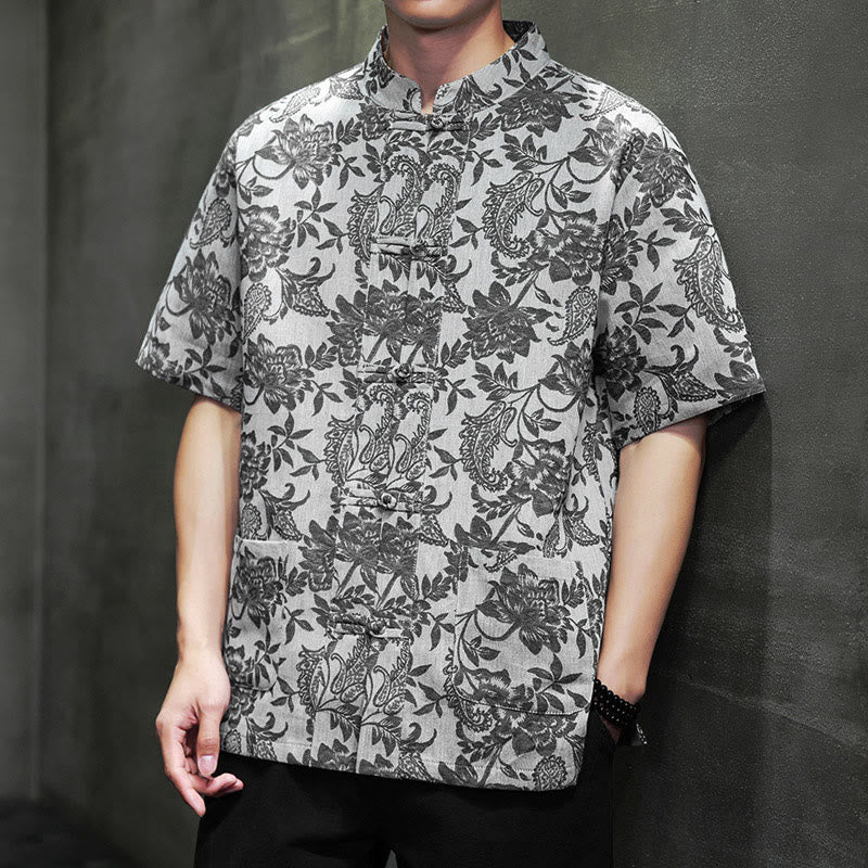 Camisa de algodón para hombre con bolsillos, diseño casual de jacquard paisley con estampado de flores y plantas, y botones de Buddha Stones . - Gris oscuro - US/UK/AU44, EU54 (4XL) - image 21