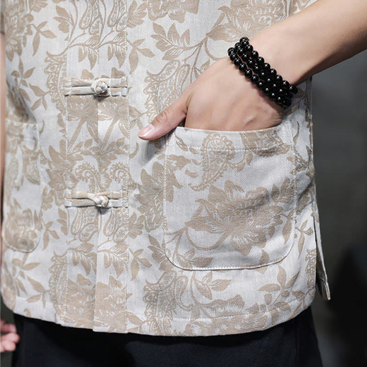Camisa de algodón para hombre con bolsillos, diseño casual de jacquard paisley con estampado de flores y plantas, y botones de Buddha Stones . - image 19