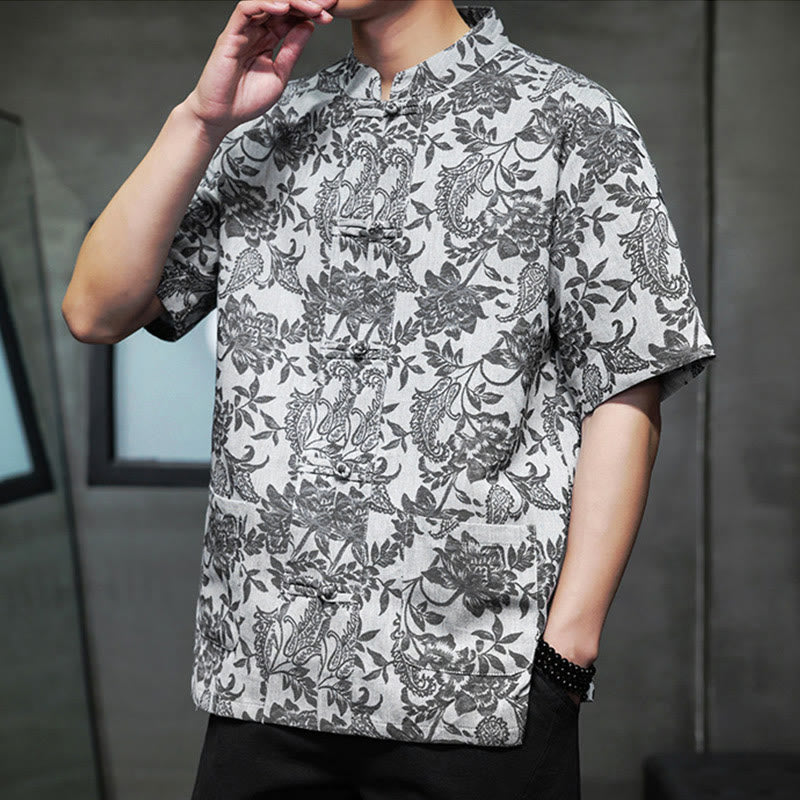Camisa de algodón para hombre con bolsillos, diseño casual de jacquard paisley con estampado de flores y plantas, y botones de Buddha Stones . - image 22