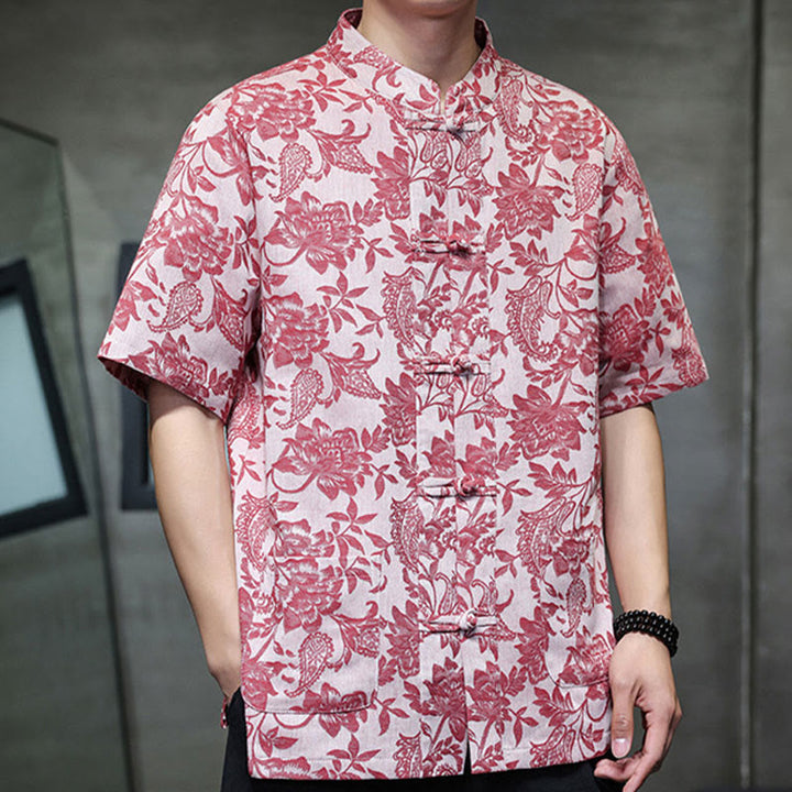 Camisa de algodón para hombre, estilo cárdigan informal con estampado de flores y plantas de cachemira y jacquard con botones de rana y bolsillos. - image 7