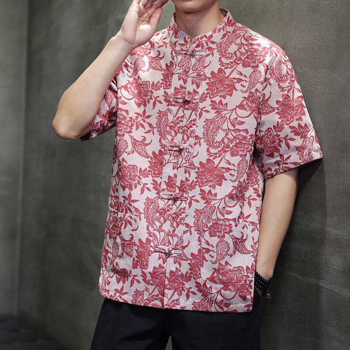 Camisa de algodón para hombre con bolsillos, diseño casual de jacquard paisley con estampado de flores y plantas, y botones de Buddha Stones . - image 1