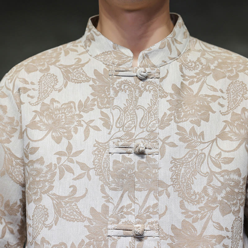 Camisa de algodón para hombre con bolsillos, diseño casual de jacquard paisley con estampado de flores y plantas, y botones de Buddha Stones . - image 16
