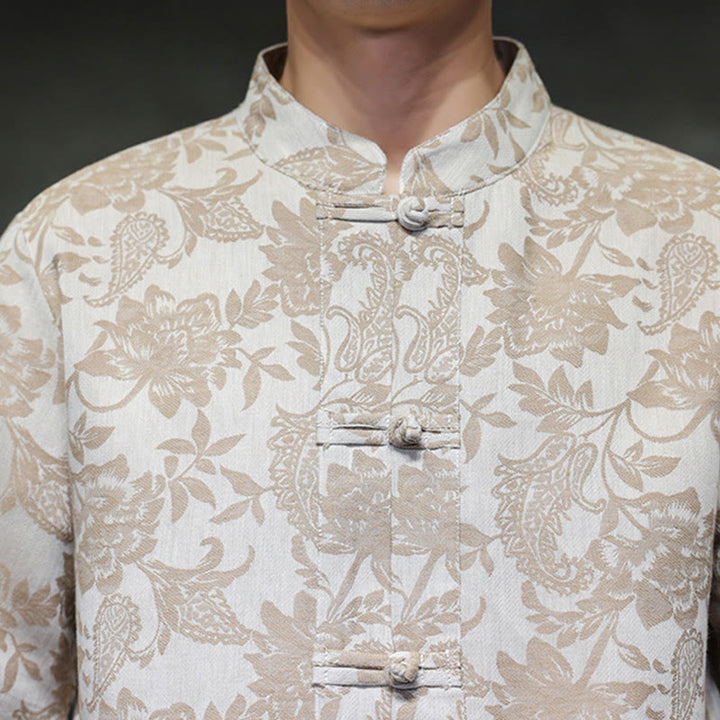 Camisa de algodón para hombre con bolsillos, diseño casual de jacquard paisley con estampado de flores y plantas, y botones de Buddha Stones . - image 16