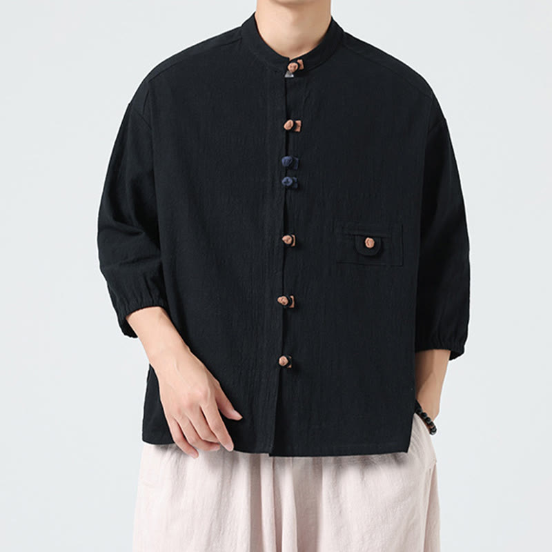 Camisa de algodón con cuello alto y manga tres cuartos para hombre, estilo cárdigan de verano con botones de rana y bolsillo, de Buddha Stones - image 14