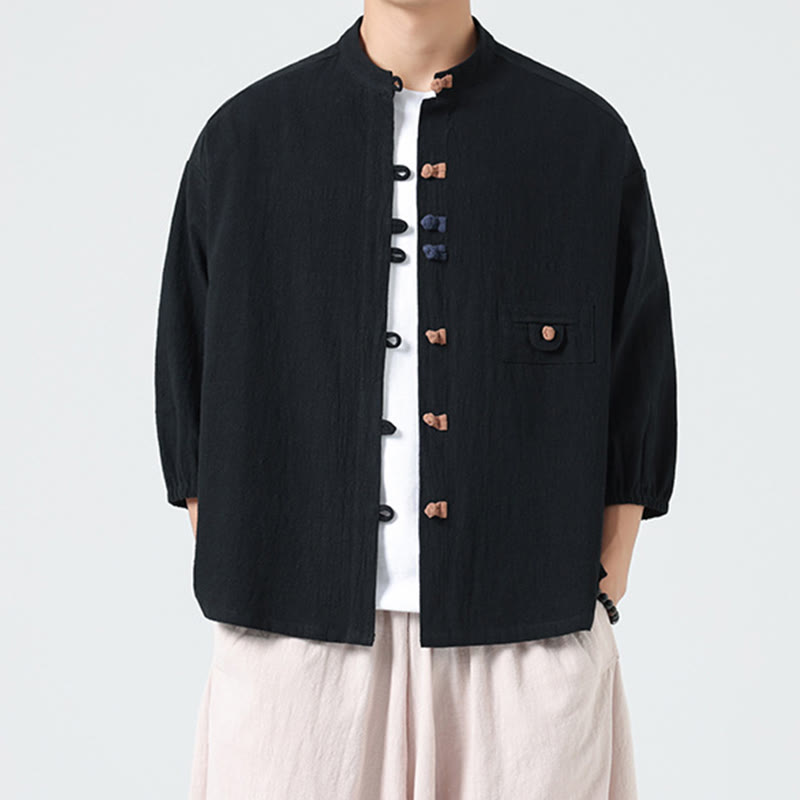 Camisa de algodón con cuello alto y manga tres cuartos para hombre, estilo cárdigan de verano con botones de rana y bolsillo, de Buddha Stones - image 11