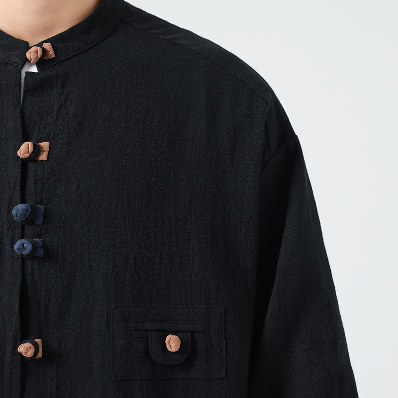 Camisa de algodón de manga tres cuartos para hombre con cuello alto y botones delanteros tipo rana, marca Buddha Stones Summer. - image 18