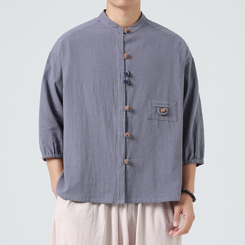 Camisa de algodón con cuello alto y manga tres cuartos para hombre, estilo cárdigan de verano con botones de rana y bolsillo, de Buddha Stones - image 21