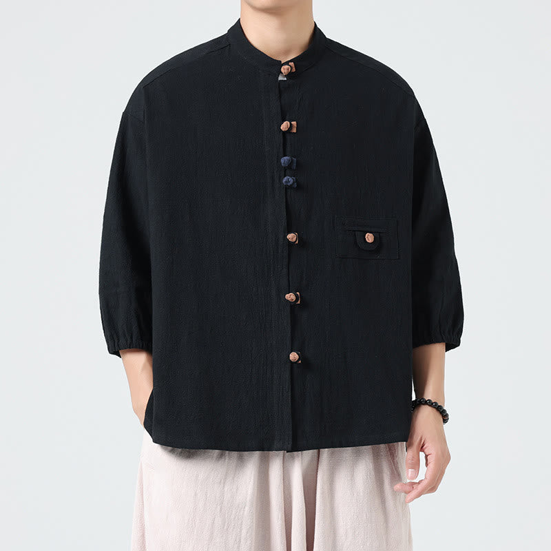 Camisa de algodón con cuello alto y manga tres cuartos para hombre, estilo cárdigan de verano con botones de rana y bolsillo, de Buddha Stones - image 13